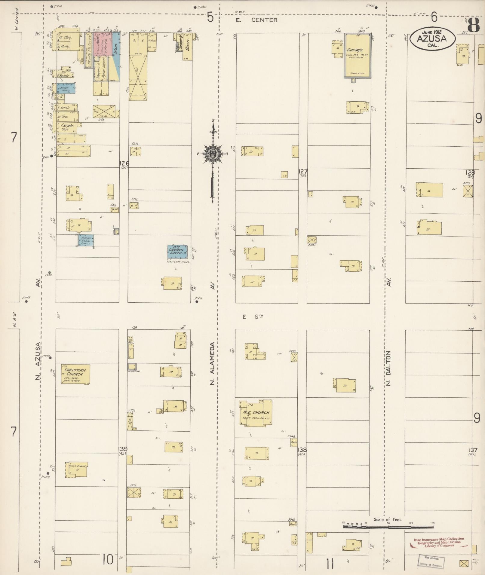 Sanborn Fire Insurance Map from Azusa, Los Angeles County, California (1912), Sheet #0008 - Historic Sanborn Fire Insurance Map Print, vintage old map wall art, antique decor, genealogy gift, California California map