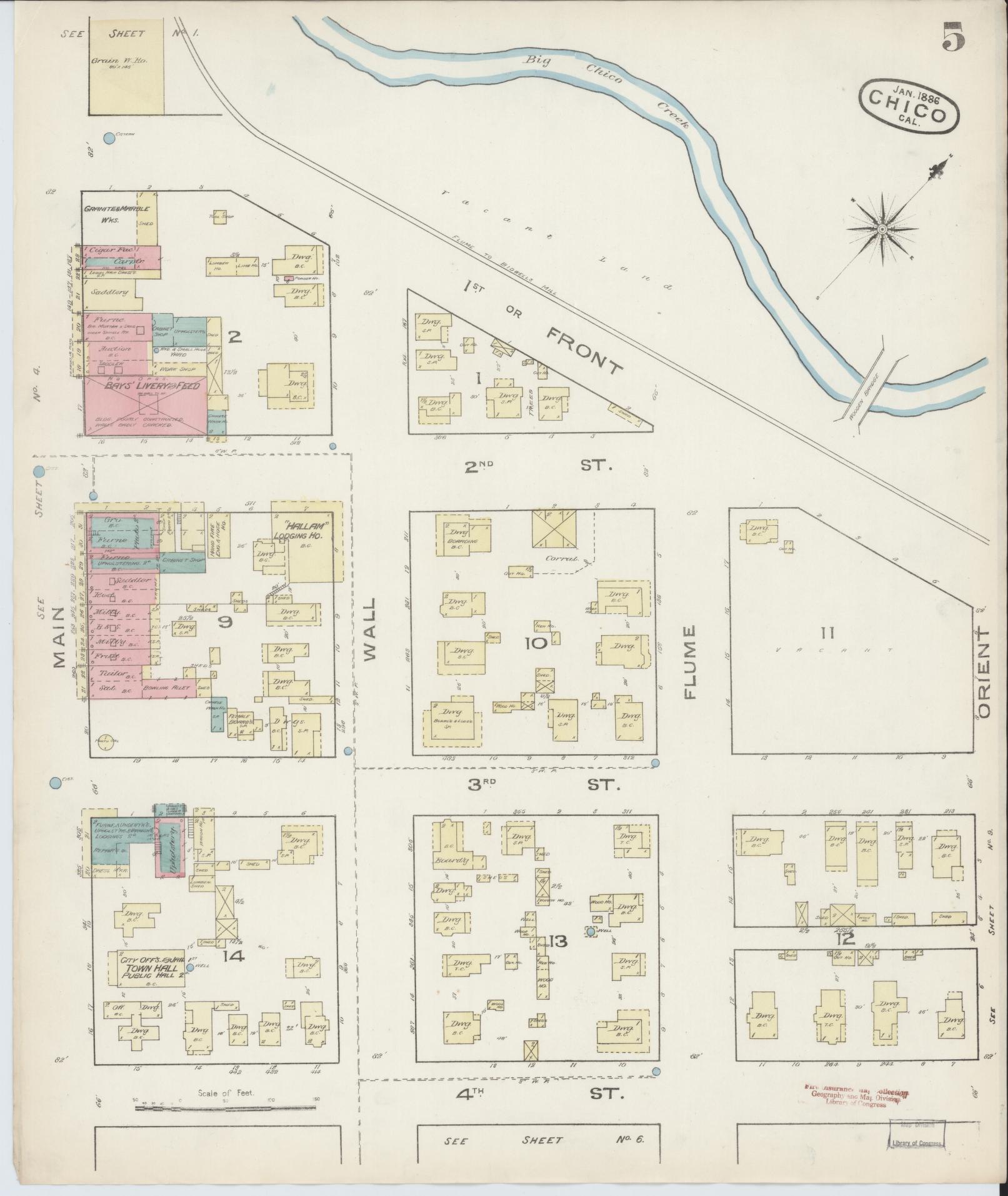 Sanborn Fire Insurance Map from Chico, Butte County, California (1886), Sheet #0005 - Complete Map Set gallery image, historic Sanborn map, vintage wall art, California California