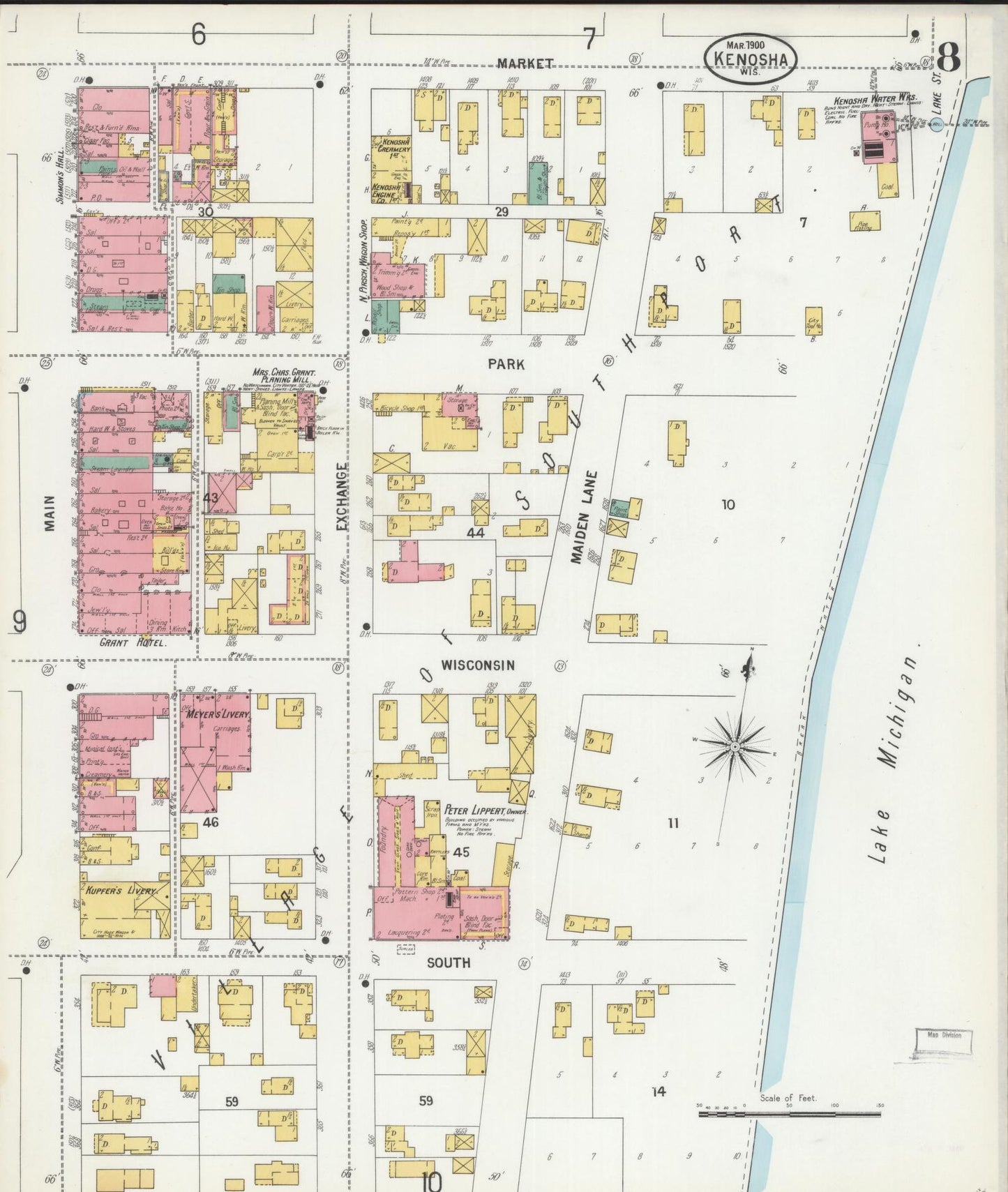 Sanborn Fire Insurance Map from Kenosha, Kenosha County, Wisconsin (1900), Sheet #0008 - Historic Sanborn Fire Insurance Map Print, vintage old map wall art, antique decor, genealogy gift, Wisconsin Wisconsin map