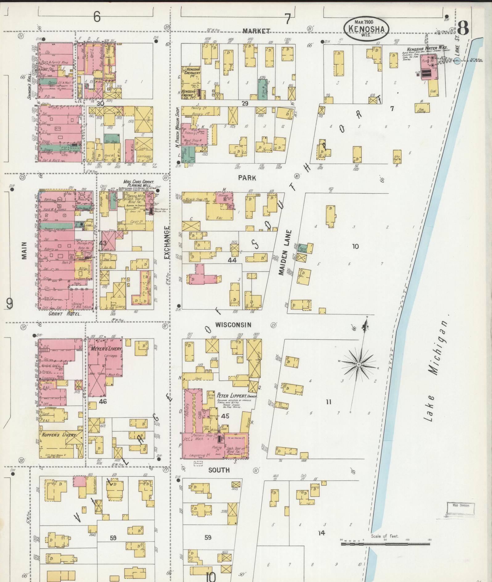 Sanborn Fire Insurance Map from Kenosha, Kenosha County, Wisconsin (1900), Sheet #0008 - Historic Sanborn Fire Insurance Map Print, vintage old map wall art, antique decor, genealogy gift, Wisconsin Wisconsin map