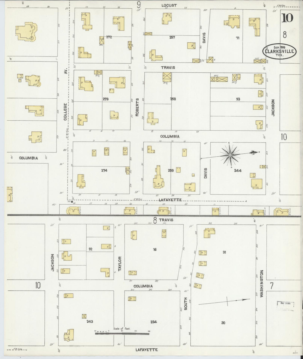 Sanborn Fire Insurance Map from Clarksville, Red River County, Texas (1906), Sheet #0010 - Historic Sanborn Fire Insurance Map Print, vintage old map wall art, antique decor, genealogy gift, Texas Texas map