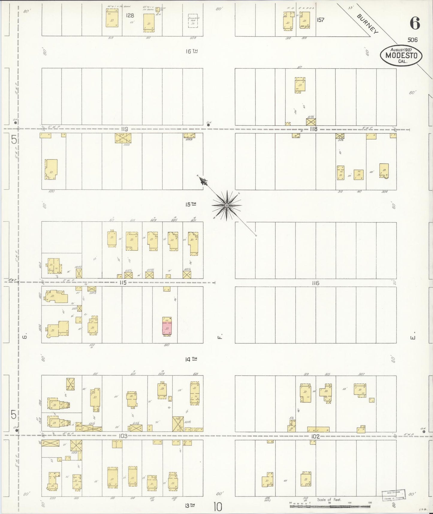 Sanborn Fire Insurance Map from Modesto, Stanislaus County, California (1907), Sheet #0006 - Historic Sanborn Fire Insurance Map Print, vintage old map wall art, antique decor, genealogy gift, California California map