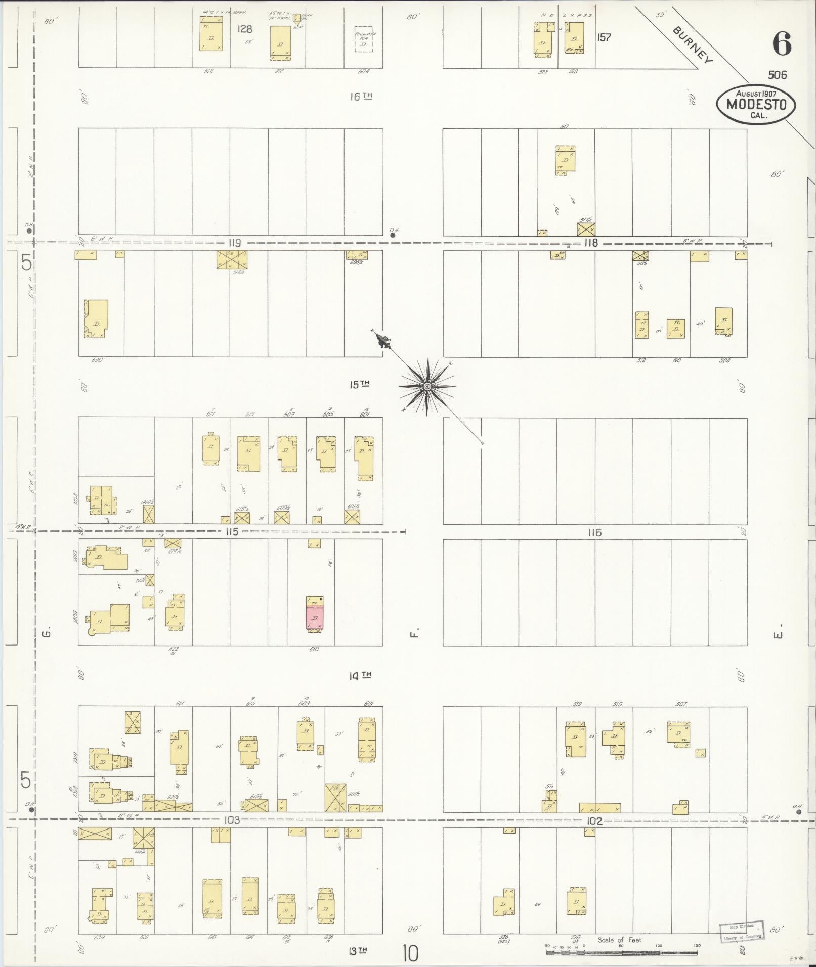 Sanborn Fire Insurance Map from Modesto, Stanislaus County, California (1907), Sheet #0006 - Historic Sanborn Fire Insurance Map Print, vintage old map wall art, antique decor, genealogy gift, California California map