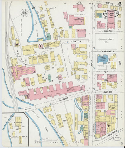 Sanborn Fire Insurance Map from Fitchburg, Worcester County, Massachusetts (1892), Sheet #0006 - Historic Sanborn Fire Insurance Map Print, vintage old map wall art, antique decor, genealogy gift, Massachusetts Massachusetts map