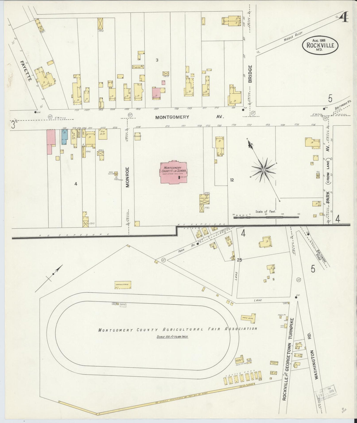 Sanborn Fire Insurance Map from Rockville, Montgomery County, Maryland (1908), Sheet #0004 - Historic Sanborn Fire Insurance Map Print, vintage old map wall art, antique decor, genealogy gift, Maryland Maryland map