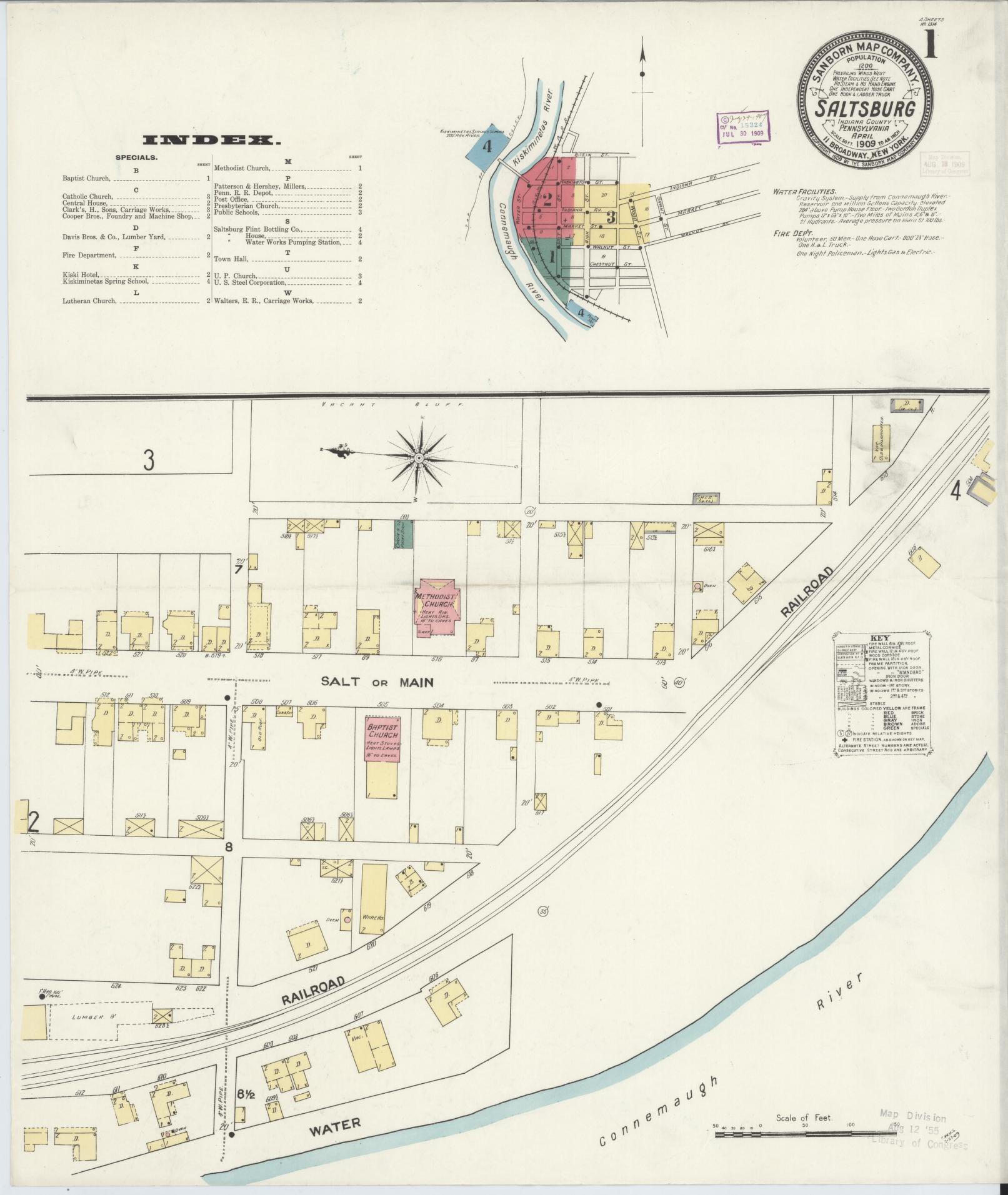 Sanborn Fire Insurance Map from Saltsburg, Indiana County, Pennsylvania (1909), Sheet #0001 - Complete Map Set gallery image, historic Sanborn map, vintage wall art, Pennsylvania Pennsylvania