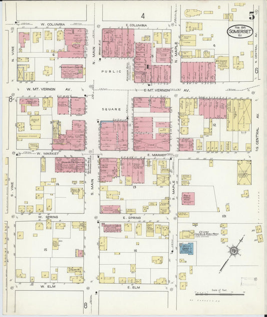 Sanborn Fire Insurance Map from Somerset, Pulaski County, Kentucky (1914), Sheet #0005 - Historic Sanborn Fire Insurance Map Print, vintage old map wall art, antique decor, genealogy gift, Kentucky Kentucky map