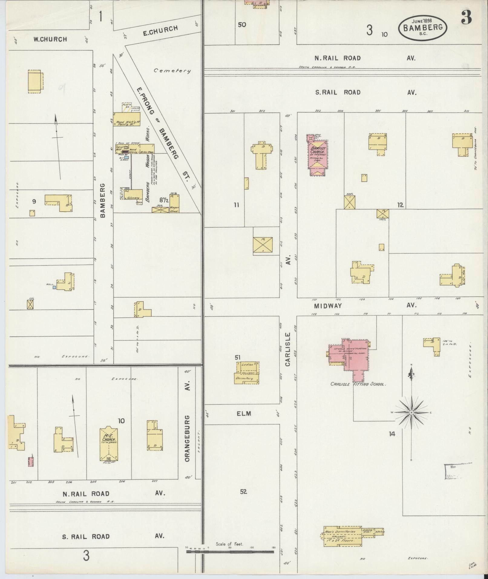 Sanborn Fire Insurance Map from Bamberg, Bamberg County, South Carolina (1898), Sheet #0003 - Complete Map Set gallery image, historic Sanborn map, vintage wall art, South Carolina South Carolina