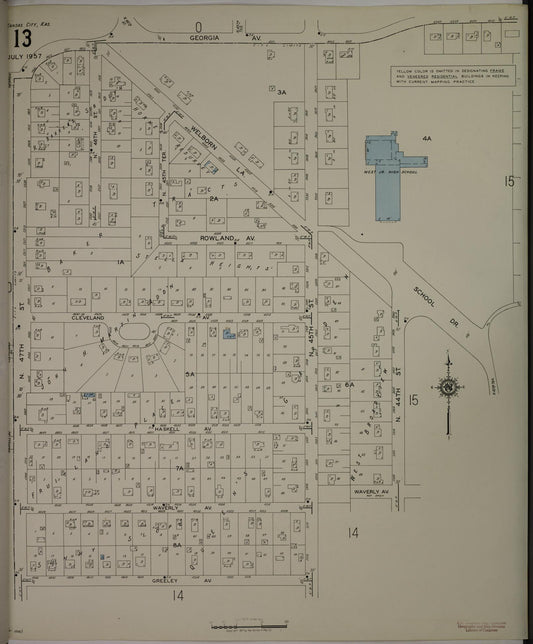 Sanborn Fire Insurance Map from Kansas City, Wyandotte County, Kansas (1957), Sheet #0013 - Historic Sanborn Fire Insurance Map Print, vintage old map wall art, antique decor, genealogy gift, Kansas Kansas map