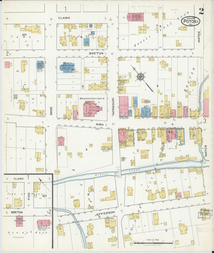 Sanborn Fire Insurance Map from Potosi, Washington County, Missouri (1917), Sheet #0002 - Historic Sanborn Fire Insurance Map Print, vintage old map wall art, antique decor, genealogy gift, Missouri Missouri map