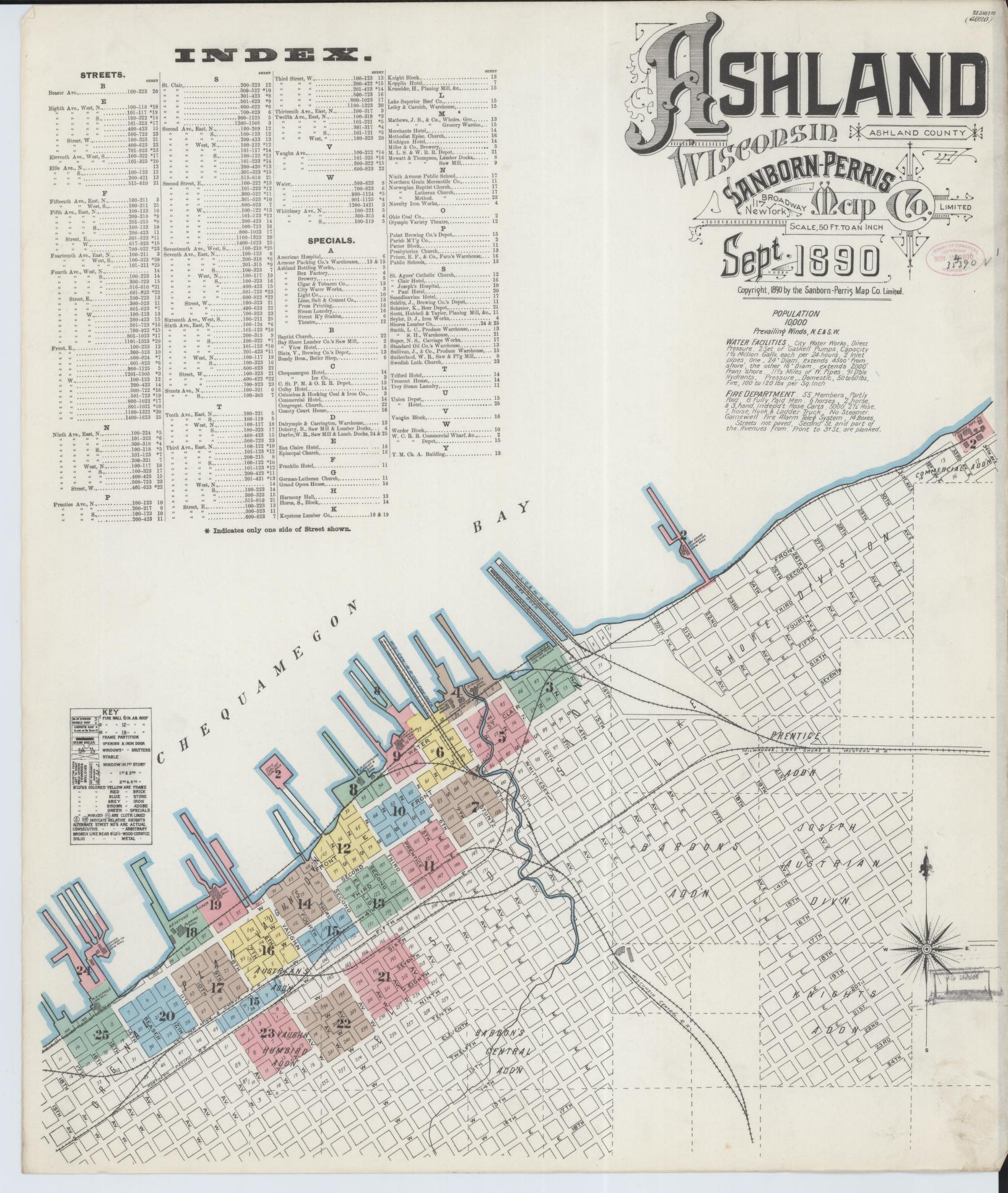 Sanborn Fire Insurance Map from Ashland, Ashland County, Wisconsin (1890), Sheet #0001 - Complete Map Set gallery image, historic Sanborn map, vintage wall art, Wisconsin Wisconsin