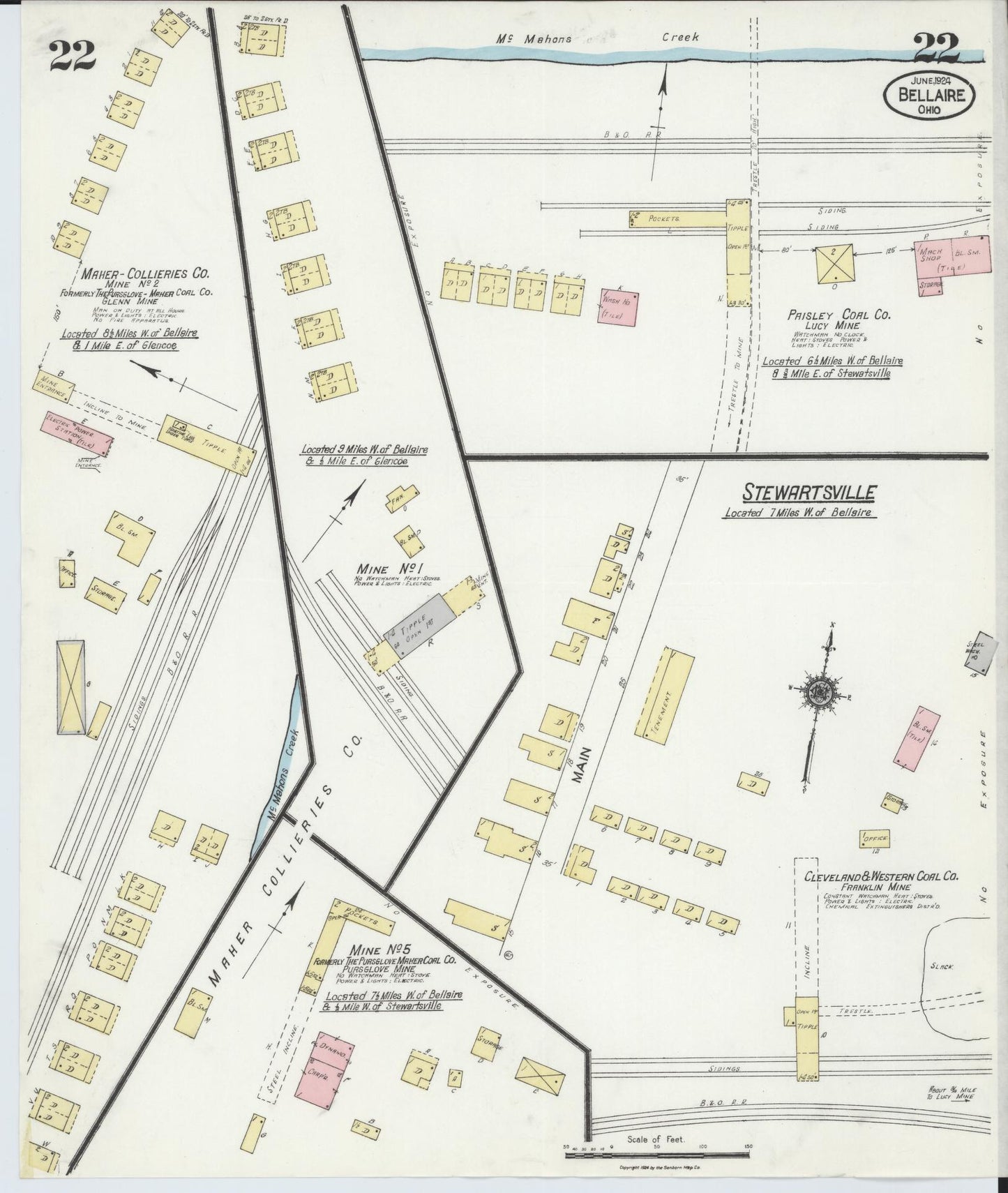 Sanborn Fire Insurance Map from Bellaire, Belmont County, Ohio (1924), Sheet #0022 - Historic Sanborn Fire Insurance Map Print, vintage old map wall art, antique decor, genealogy gift, Ohio Ohio map