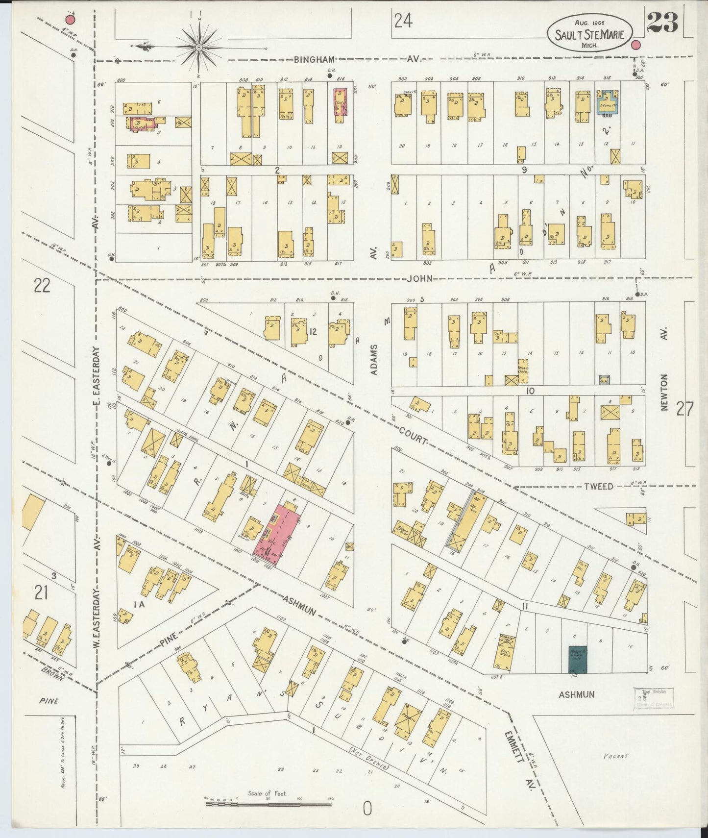 Sanborn Fire Insurance Map from Sault Sainte Marie, Chippewa County, Michigan (1906), Sheet #0023 - Historic Sanborn Fire Insurance Map Print, vintage old map wall art, antique decor, genealogy gift, Michigan Michigan map
