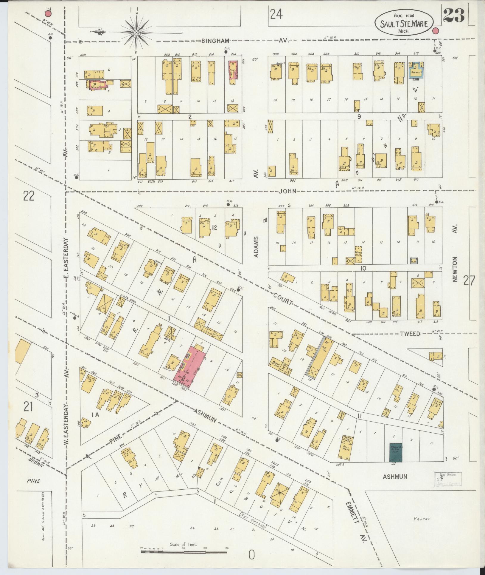 Sanborn Fire Insurance Map from Sault Sainte Marie, Chippewa County, Michigan (1906), Sheet #0023 - Historic Sanborn Fire Insurance Map Print, vintage old map wall art, antique decor, genealogy gift, Michigan Michigan map