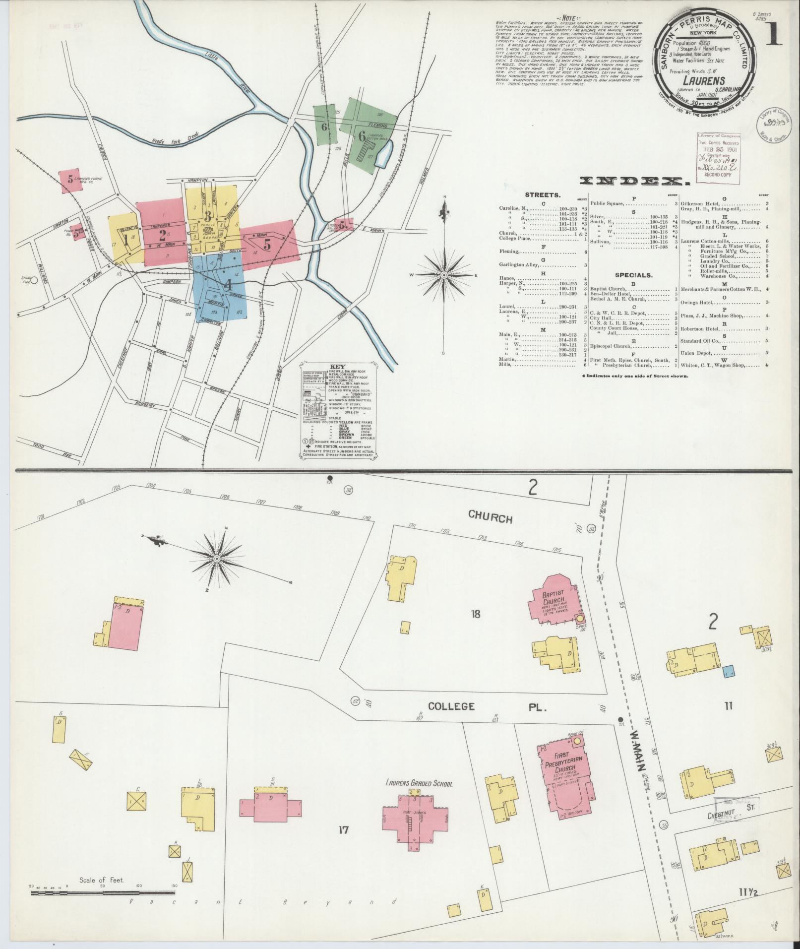 Sanborn Fire Insurance Map from Laurens, Laurens County, South Carolina (1901), Sheet #0001 - Historic Sanborn Fire Insurance Map Print, vintage old map wall art, antique decor, genealogy gift, South Carolina South Carolina map