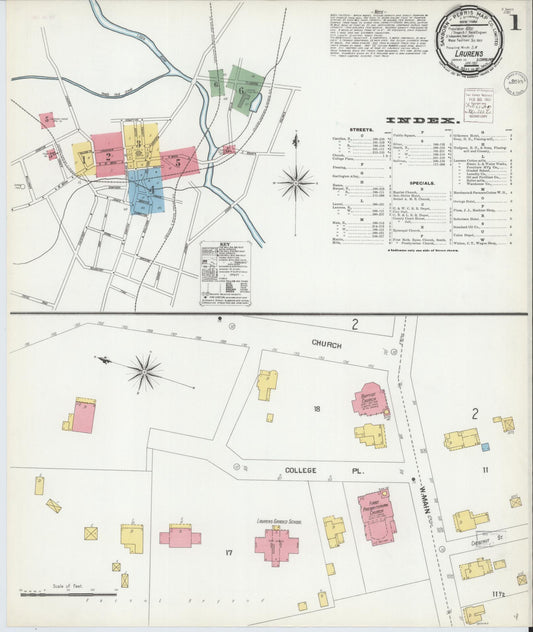 Sanborn Fire Insurance Map from Laurens, Laurens County, South Carolina (1901), Sheet #0001 - Historic Sanborn Fire Insurance Map Print, vintage old map wall art, antique decor, genealogy gift, South Carolina South Carolina map
