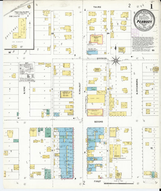 Sanborn Fire Insurance Map from Peabody, Marion County, Kansas (1905), Sheet #0001 - Historic Sanborn Fire Insurance Map Print, vintage old map wall art, antique decor, genealogy gift, Kansas Kansas map