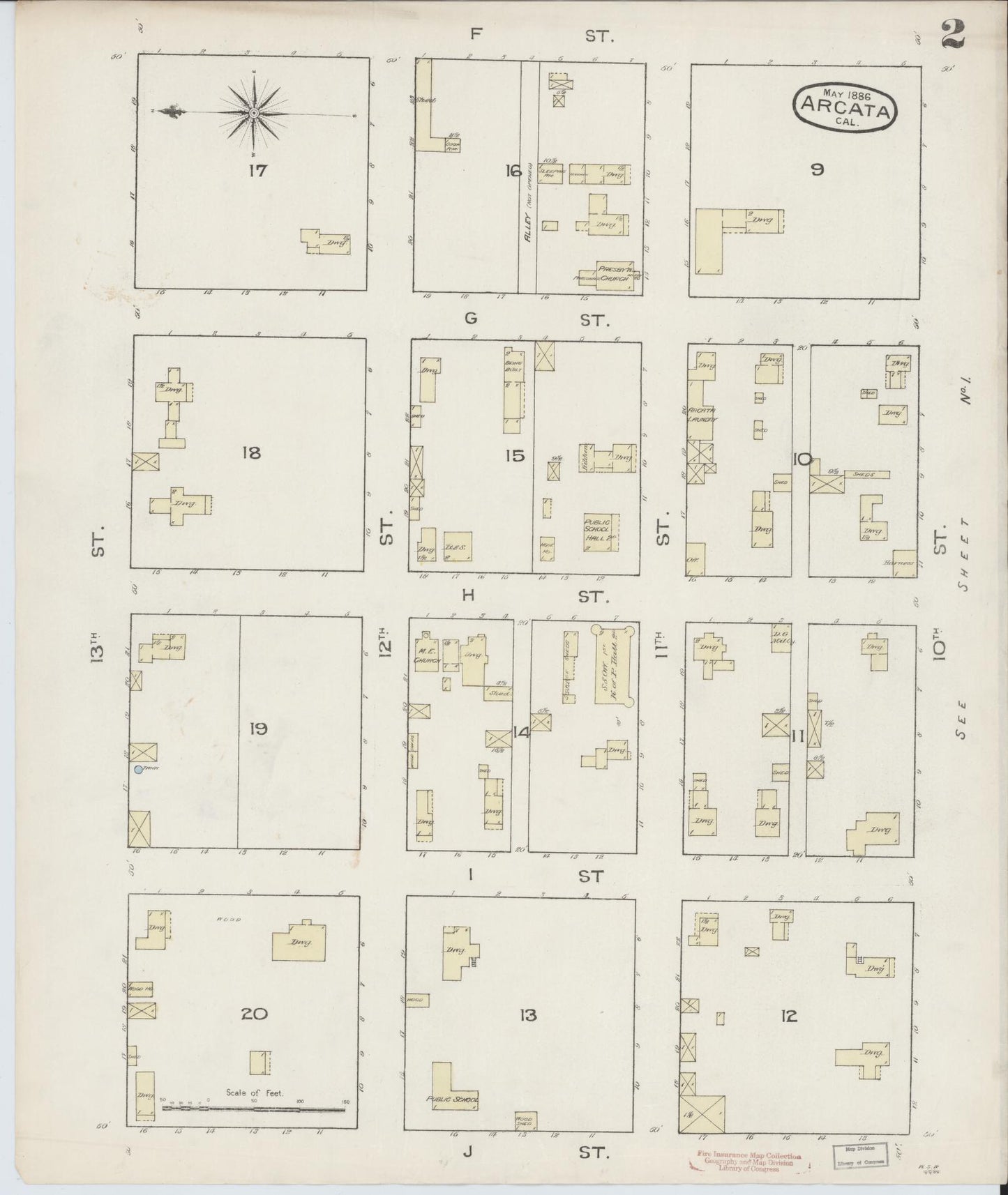 Sanborn Fire Insurance Map from Arcata, Humboldt County, California (1886), Sheet #0002 - Historic Sanborn Fire Insurance Map Print, vintage old map wall art, antique decor, genealogy gift, California California map