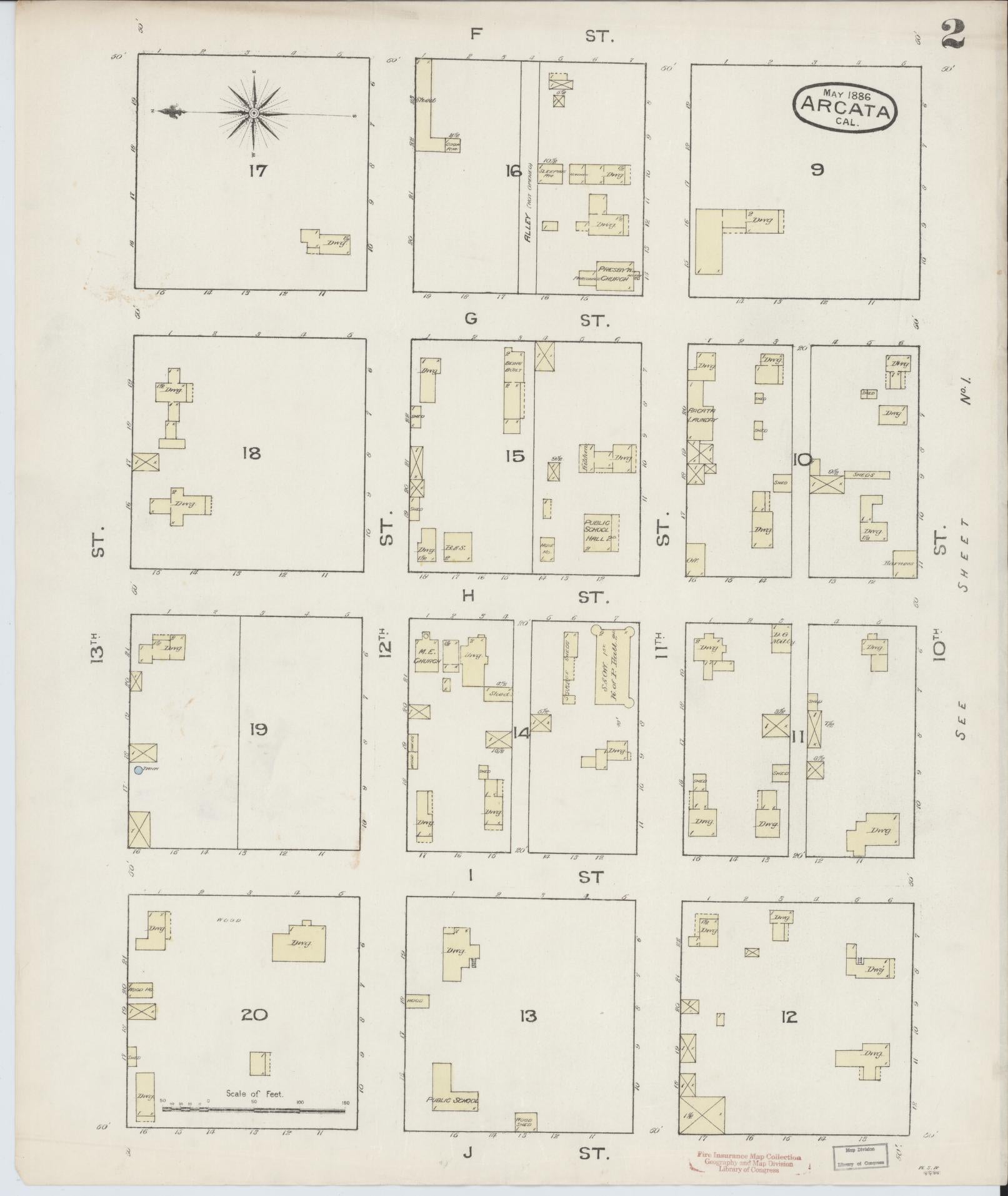 Sanborn Fire Insurance Map from Arcata, Humboldt County, California (1886), Sheet #0002 - Historic Sanborn Fire Insurance Map Print, vintage old map wall art, antique decor, genealogy gift, California California map