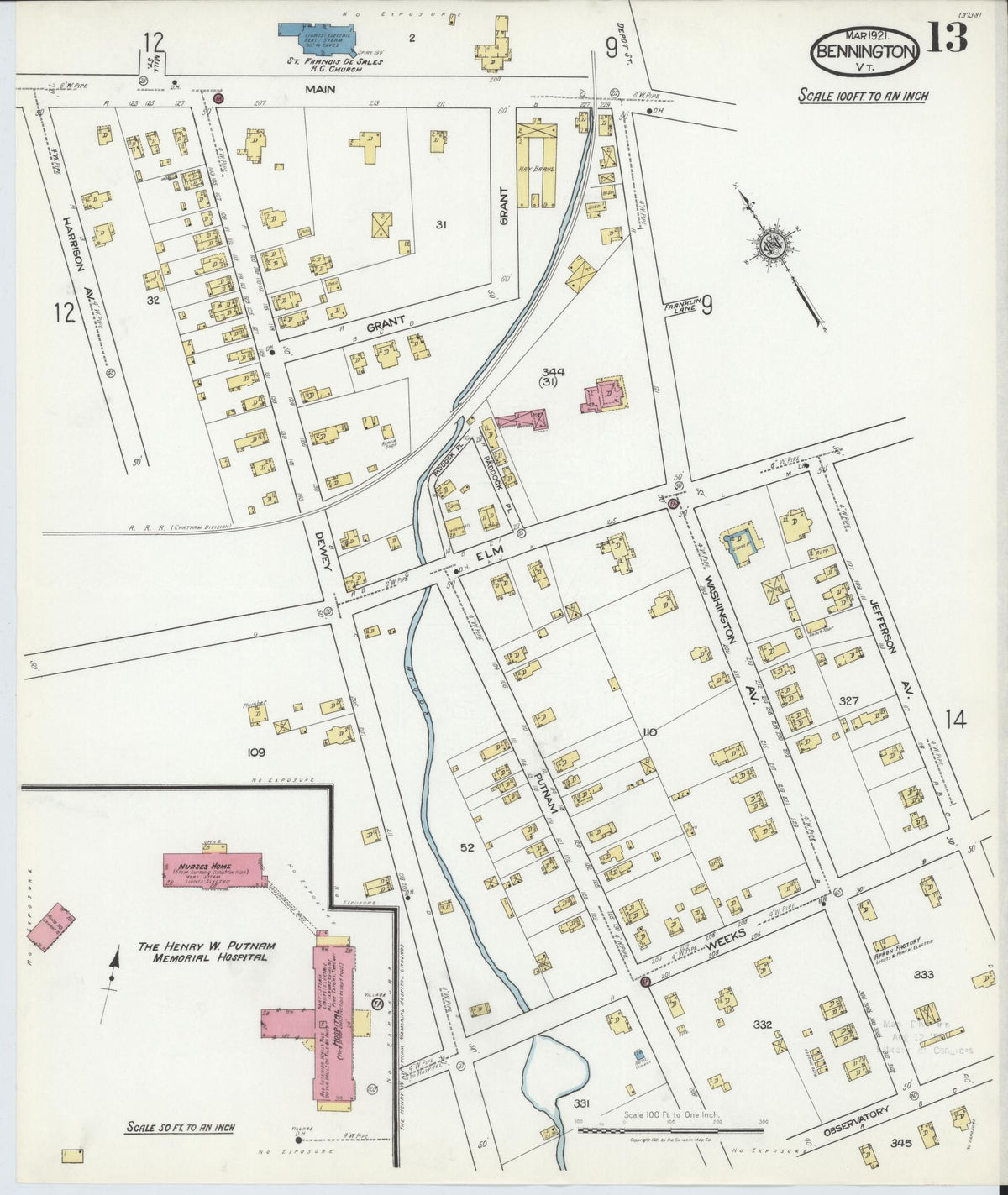 Sanborn Fire Insurance Map from Bennington, Bennington County, Vermont (1921), Sheet #0013 - Complete Map Set gallery image, historic Sanborn map, vintage wall art, Vermont Vermont