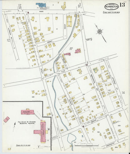 Sanborn Fire Insurance Map from Bennington, Bennington County, Vermont (1921), Sheet #0013 - Complete Map Set gallery image, historic Sanborn map, vintage wall art, Vermont Vermont