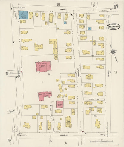 Sanborn Fire Insurance Map from Greenfield, Franklin County, Massachusetts (1922), Sheet #0017 - Historic Sanborn Fire Insurance Map Print, vintage old map wall art, antique decor, genealogy gift, Massachusetts Massachusetts map