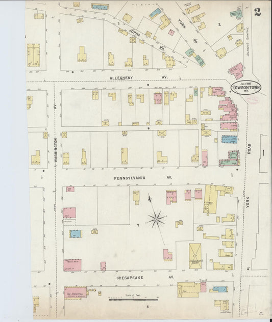 Sanborn Fire Insurance Map from Towson, Baltimore County, Maryland (1897), Sheet #0002 - Historic Sanborn Fire Insurance Map Print, vintage old map wall art, antique decor, genealogy gift, Maryland Maryland map