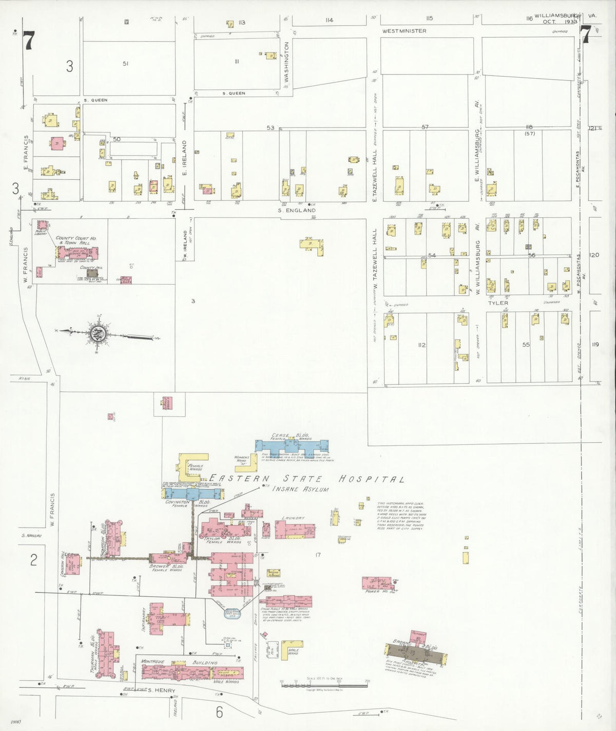 Sanborn Fire Insurance Map from Williamsburg, Independent Cities, Virginia (1933), Sheet #0007 - Complete Map Set gallery image, historic Sanborn map, vintage wall art, Virginia Virginia