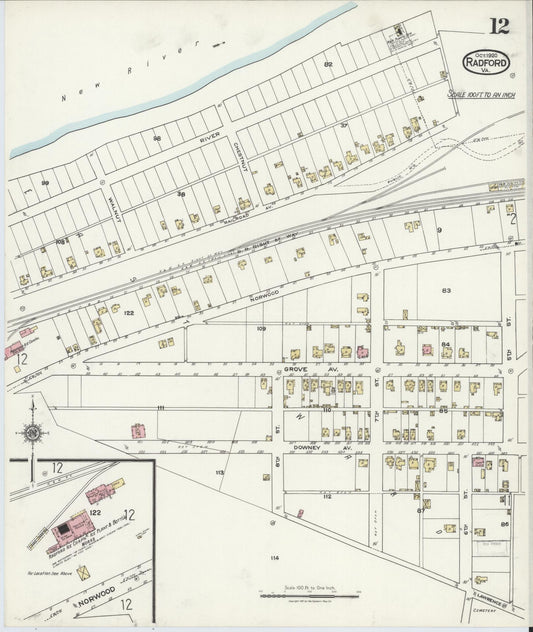 Sanborn Fire Insurance Map from Radford, Independent Cities, Virginia (1920), Sheet #0012 - Historic Sanborn Fire Insurance Map Print, vintage old map wall art, antique decor, genealogy gift, Virginia Virginia map