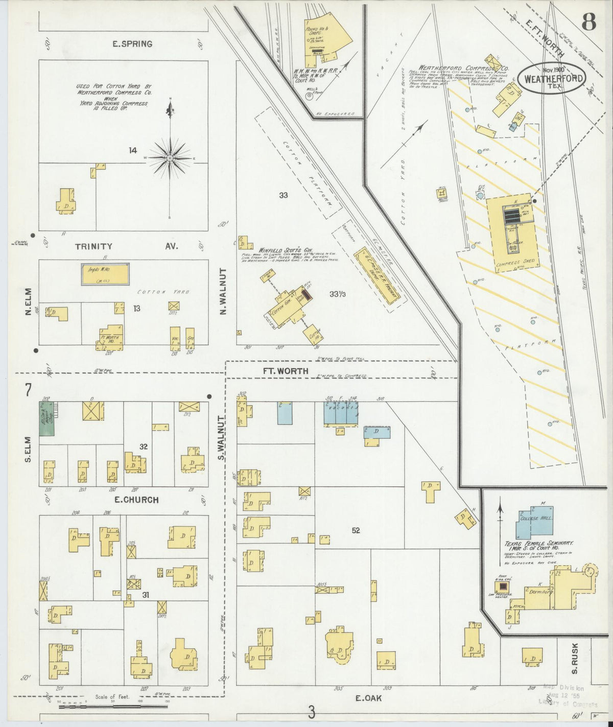 Sanborn Fire Insurance Map from Weatherford, Parker County, Texas (1900), Sheet #0008 - Complete Map Set gallery image, historic Sanborn map, vintage wall art, Texas Texas