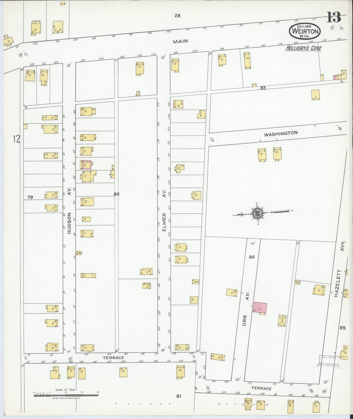 Sanborn Fire Insurance Map from Weirton, Hancock County, West Virginia (1919), Sheet #0013 - Historic Sanborn Fire Insurance Map Print, vintage old map wall art, antique decor, genealogy gift, West Virginia West Virginia map