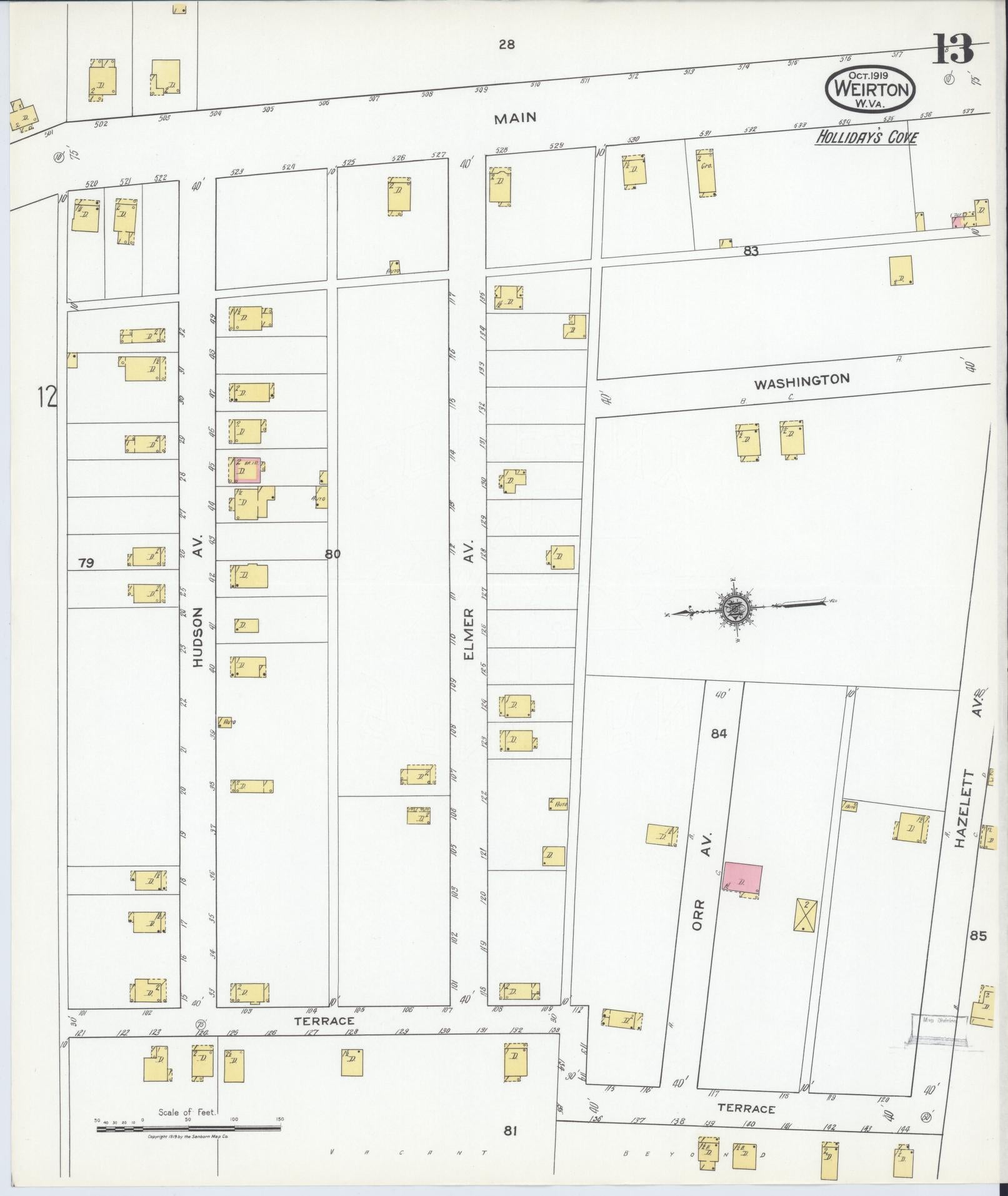Sanborn Fire Insurance Map from Weirton, Hancock County, West Virginia (1919), Sheet #0013 - Historic Sanborn Fire Insurance Map Print, vintage old map wall art, antique decor, genealogy gift, West Virginia West Virginia map