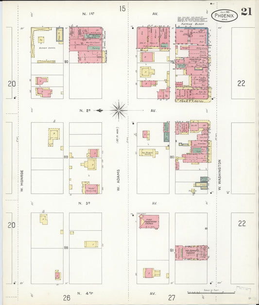 Sanborn Fire Insurance Map from Phoenix, Maricopa County, Arizona (1901), Sheet #0021 - Historic Sanborn Fire Insurance Map Print, vintage old map wall art, antique decor, genealogy gift, Arizona Arizona map
