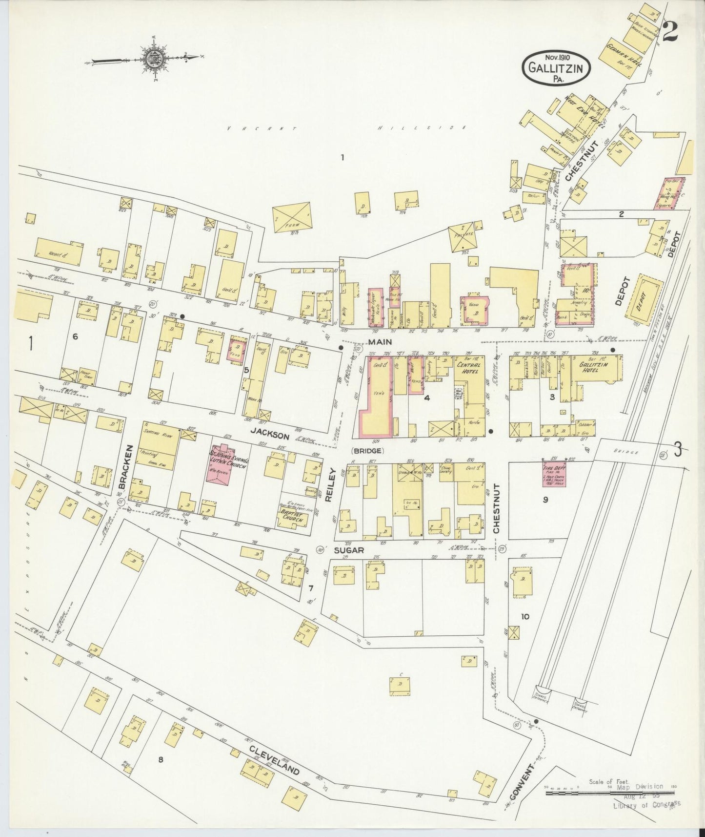 Sanborn Fire Insurance Map from Gallitzin, Cambria County, Pennsylvania (1910), Sheet #0002 - Historic Sanborn Fire Insurance Map Print, vintage old map wall art, antique decor, genealogy gift, Pennsylvania Pennsylvania map