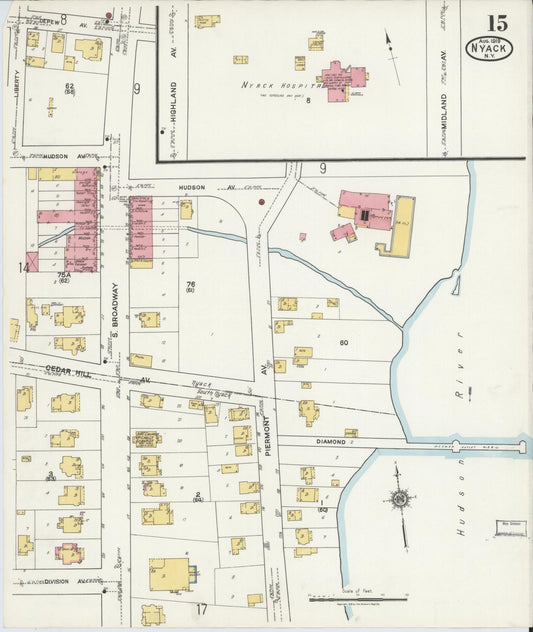 Sanborn Fire Insurance Map from Nyack, Rockland County, New York (1919), Sheet #0015 - Historic Sanborn Fire Insurance Map Print, vintage old map wall art, antique decor, genealogy gift, New York New York map