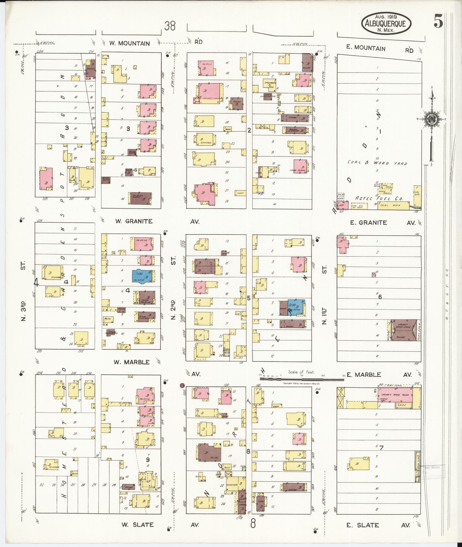 Sanborn Fire Insurance Map from Albuquerque, Bernalillo County, New Mexico (1919), Sheet #0005 - Complete Map Set gallery image, historic Sanborn map, vintage wall art, New Mexico New Mexico