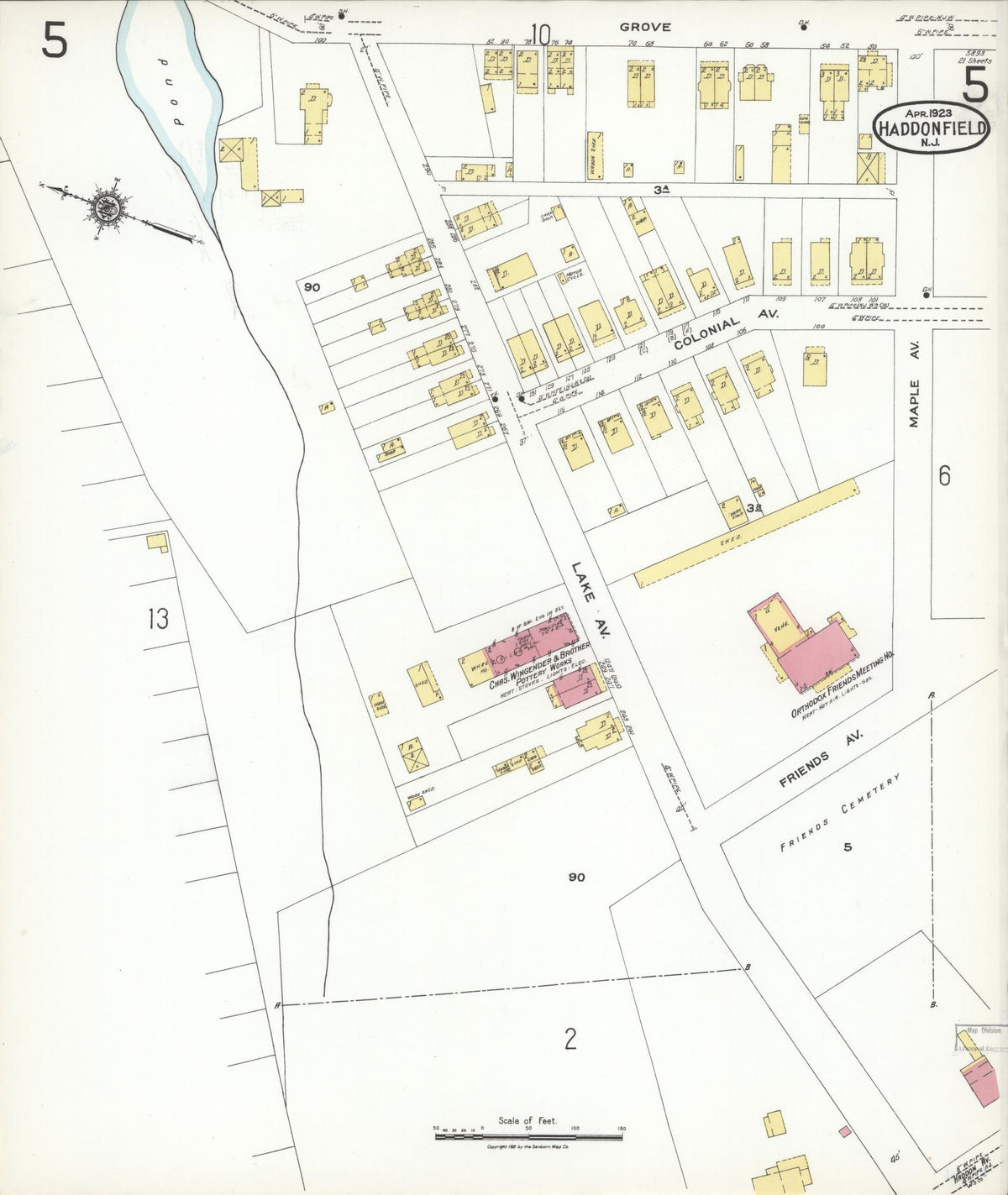 Sanborn Fire Insurance Map from Haddonfield, Camden County, New Jersey (1923), Sheet #0005 - Historic Sanborn Fire Insurance Map Print, vintage old map wall art, antique decor, genealogy gift, New Jersey New Jersey map