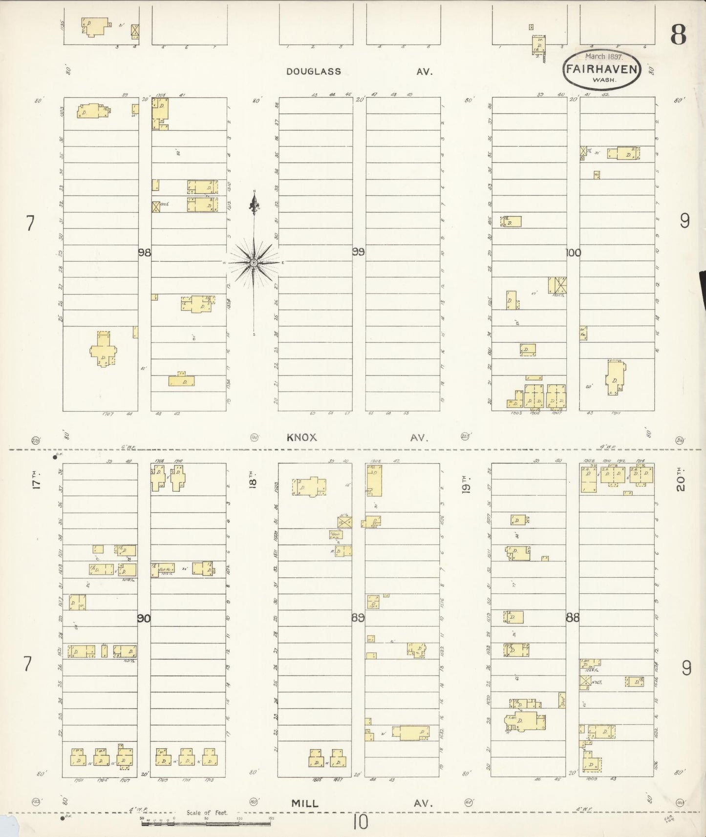 Sanborn Fire Insurance Map from Fairhaven [see also Bellingham and Sehome], Whatcom County, Washington (1897), Sheet #0008 - Complete Map Set gallery image, historic Sanborn map, vintage wall art, Washington Washington