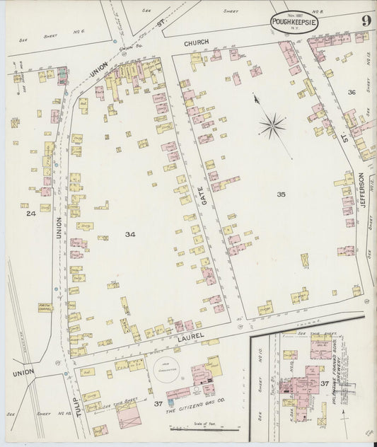 Sanborn Fire Insurance Map from Poughkeepsie, Dutchess County, New York (1887), Sheet #0009 - Historic Sanborn Fire Insurance Map Print, vintage old map wall art, antique decor, genealogy gift, New York New York map