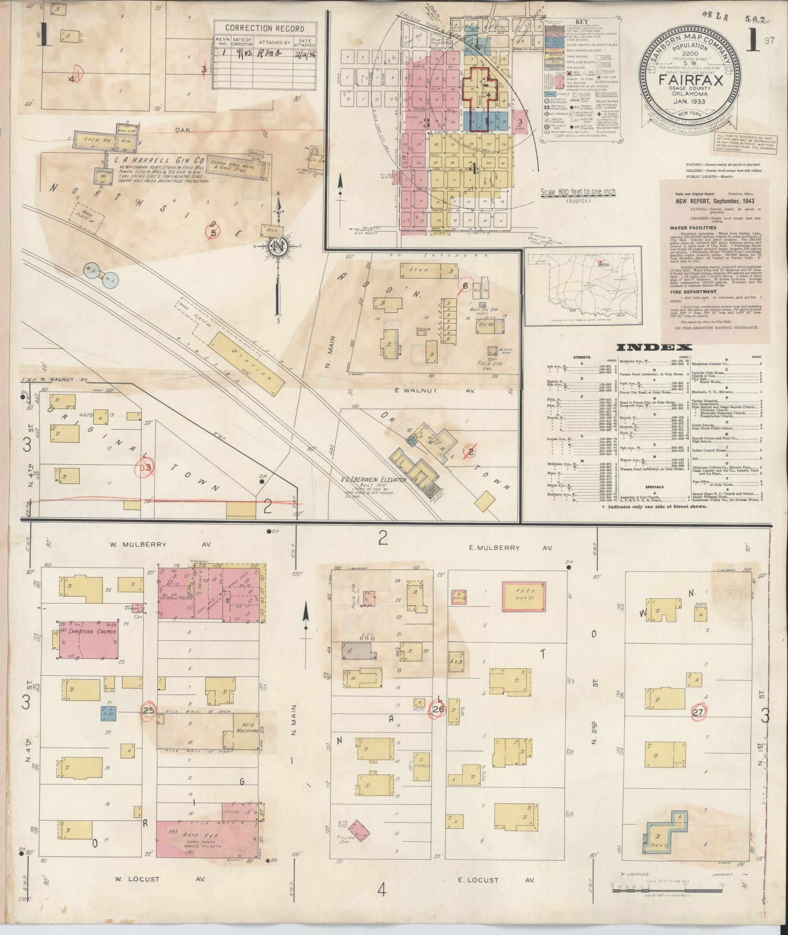 Sanborn Fire Insurance Map from Fairfax, Osage County, Oklahoma (1943), Sheet #0001 - Historic Sanborn Fire Insurance Map Print, vintage old map wall art, antique decor, genealogy gift, Oklahoma Oklahoma map