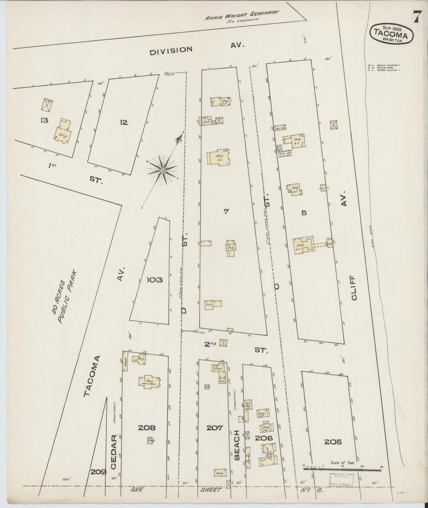 Sanborn Fire Insurance Map from Tacoma, Pierce County, Washington (1885), Sheet #0007 - Complete Map Set gallery image, historic Sanborn map, vintage wall art, Washington Washington