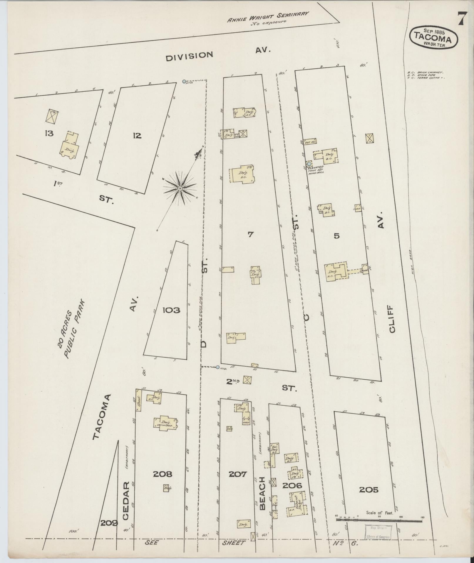Sanborn Fire Insurance Map from Tacoma, Pierce County, Washington (1885), Sheet #0007 - Complete Map Set gallery image, historic Sanborn map, vintage wall art, Washington Washington