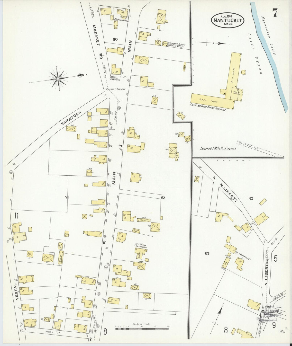 Sanborn Fire Insurance Map from Nantucket, Nantucket County, Massachusetts (1909), Sheet #0007 - Historic Sanborn Fire Insurance Map Print, vintage old map wall art, antique decor, genealogy gift, Massachusetts Massachusetts map