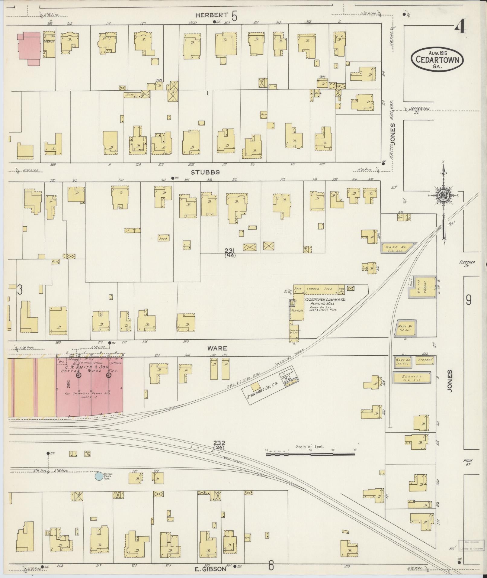 Sanborn Fire Insurance Map from Cedartown, Polk County, Georgia (1915), Sheet #0004 - Historic Sanborn Fire Insurance Map Print, vintage old map wall art, antique decor, genealogy gift, Georgia Georgia map