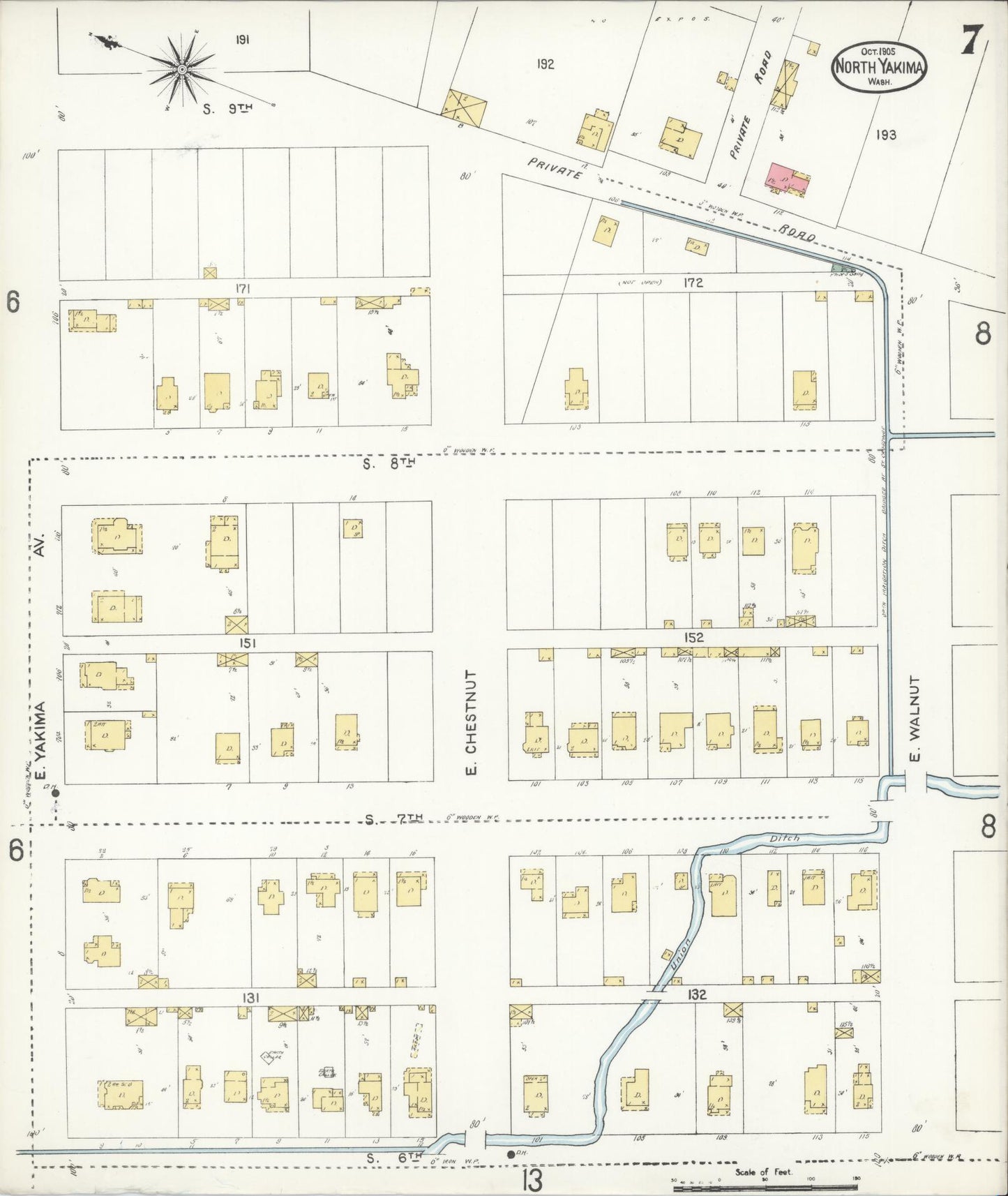 Sanborn Fire Insurance Map from North Yakima, Yakima County, Washington (1905), Sheet #0007 - Complete Map Set gallery image, historic Sanborn map, vintage wall art, Washington Washington