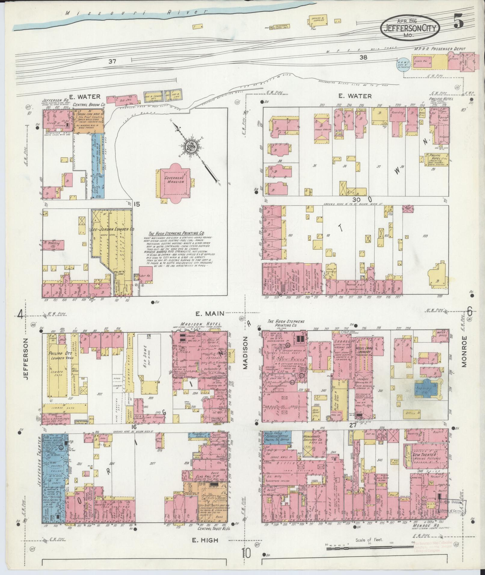 Sanborn Fire Insurance Map from Jefferson City, Cole County, Missouri (1916), Sheet #0005 - Historic Sanborn Fire Insurance Map Print, vintage old map wall art, antique decor, genealogy gift, Missouri Missouri map