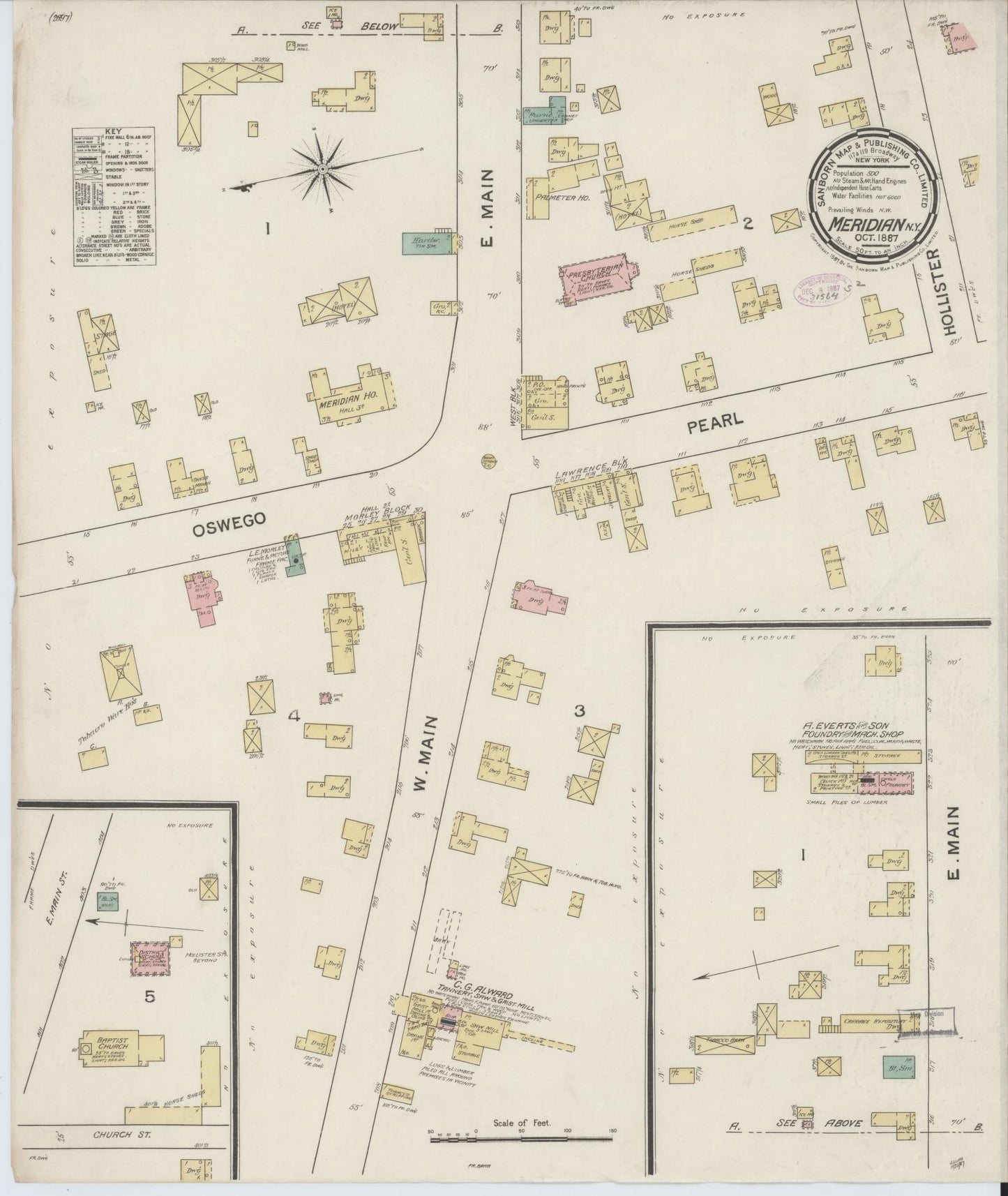 Sanborn Fire Insurance Map from Meridian, Cayuga County, New York (1887), Sheet #0001 - Historic Sanborn Fire Insurance Map Print, vintage old map wall art, antique decor, genealogy gift, New York New York map