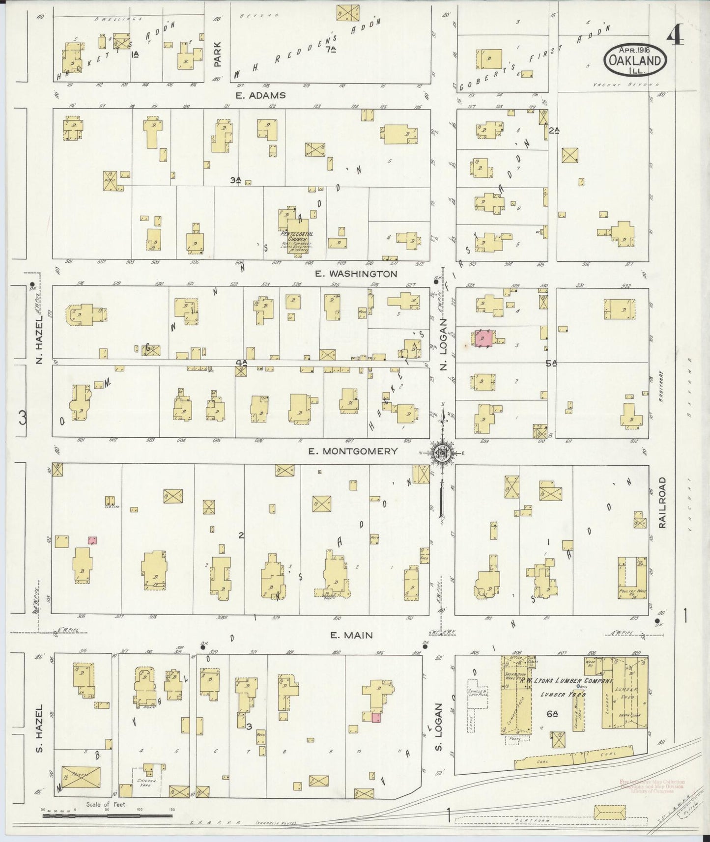 Sanborn Fire Insurance Map from Oakland, Coles County, Illinois (1916), Sheet #0004 - Complete Map Set gallery image, historic Sanborn map, vintage wall art, Illinois Illinois