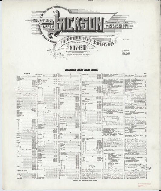 Sanborn Fire Insurance Map from Jackson, Hinds County, Mississippi (1918), Sheet #0001 - Historic Sanborn Fire Insurance Map Print, vintage old map wall art, antique decor, genealogy gift, Mississippi Mississippi map
