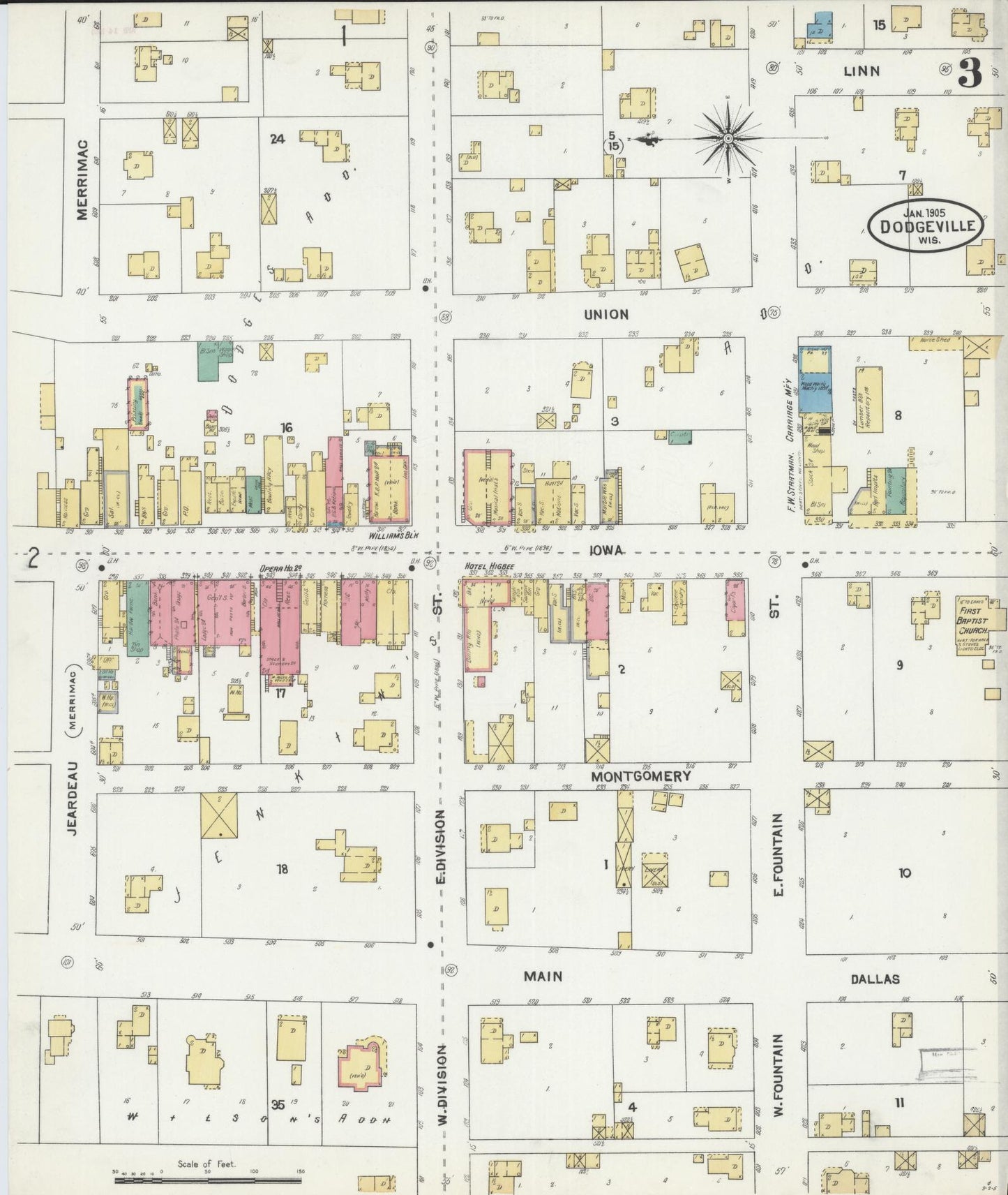 Sanborn Fire Insurance Map from Dodgeville, Iowa County, Wisconsin (1905), Sheet #0003 - Historic Sanborn Fire Insurance Map Print, vintage old map wall art, antique decor, genealogy gift, Wisconsin Wisconsin map